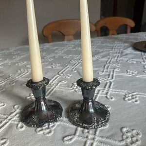 Vintage 4 inch Wallace silver plate, candleholders with candles